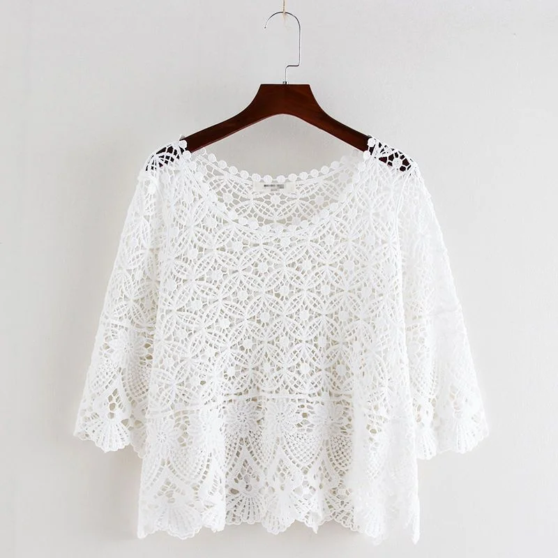 

Small shawl pullover women 2023 summer o neck style with suspender skirt short loose knit hollowed out pullover top for women