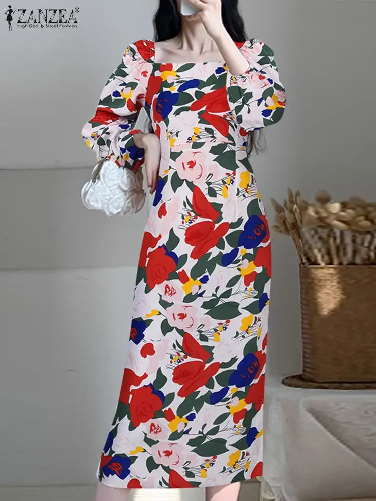 

ZANZEA Long Puff Sleeve Midi Vestidos 2023 Autumn Elegant Women Beach Dress Casual Floral Print Wrap Hips Bohemian Sundress Robe