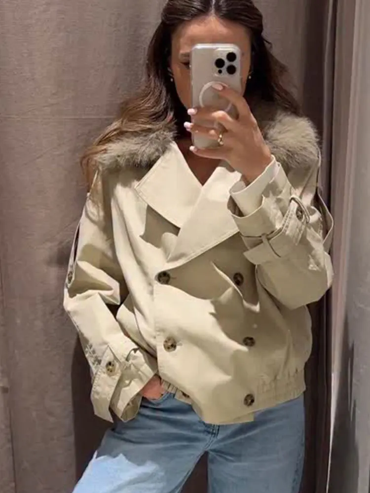 HH Women Chic Double Breasted Cropped Trench Coat With Faux Fur Collar long sleeve jacket fashion high street lady Outerwear