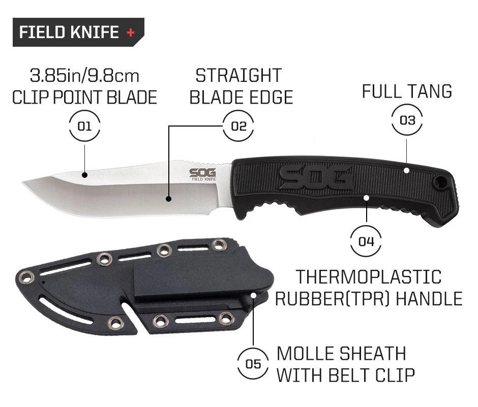 Description Picture 6 of itemSOG Survival Field Knife Fixed Blades Hunting knives with case Outdoor Camping and Bushcraft Utility Knife Hand Tools FK1001-CP