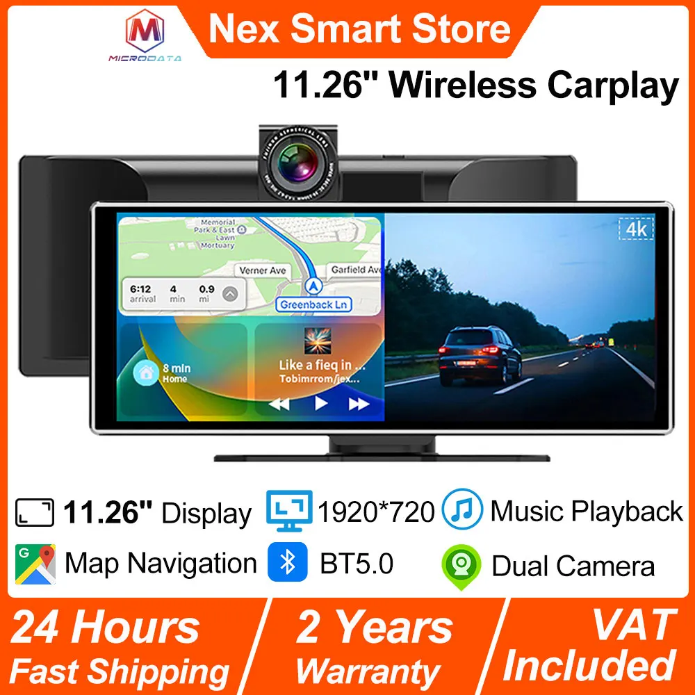 Nuevo Carplay Universal de 11,26 pulgadas, Carplay inalámbrico 4K DVR, pantalla táctil, navegación de mapa con pantalla HD 1920*720, reproductor de cámara Dual para coche 1