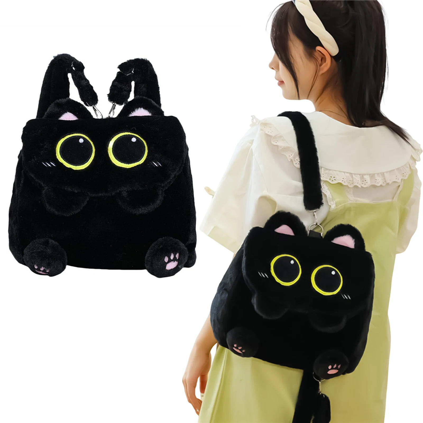 Black Cat Plush Backpack for Girls Cute Kitten Design Large Capacity Lightweight School Bag for Students Travel Daily Use 1