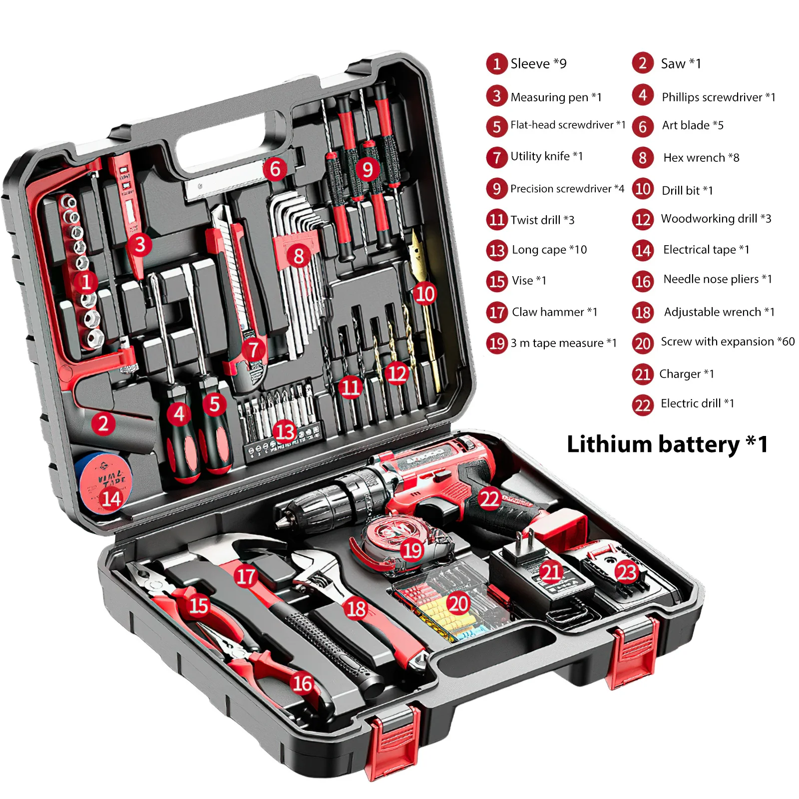 Trapano a batteria 50N.M Cacciavite elettrico Set di attrezzi domestici da 117 pezzi con funzione di impatto e batteria agli ioni di litio per uso domestico