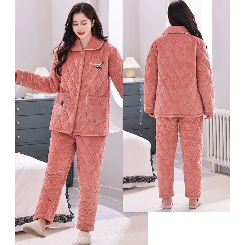 Women Fall Winter Middle Age Elderly Pajamas Ladies Thick Velvet Coral Fleece Warm 3 Layers Cotton Sleepwear Mother Home Clothes