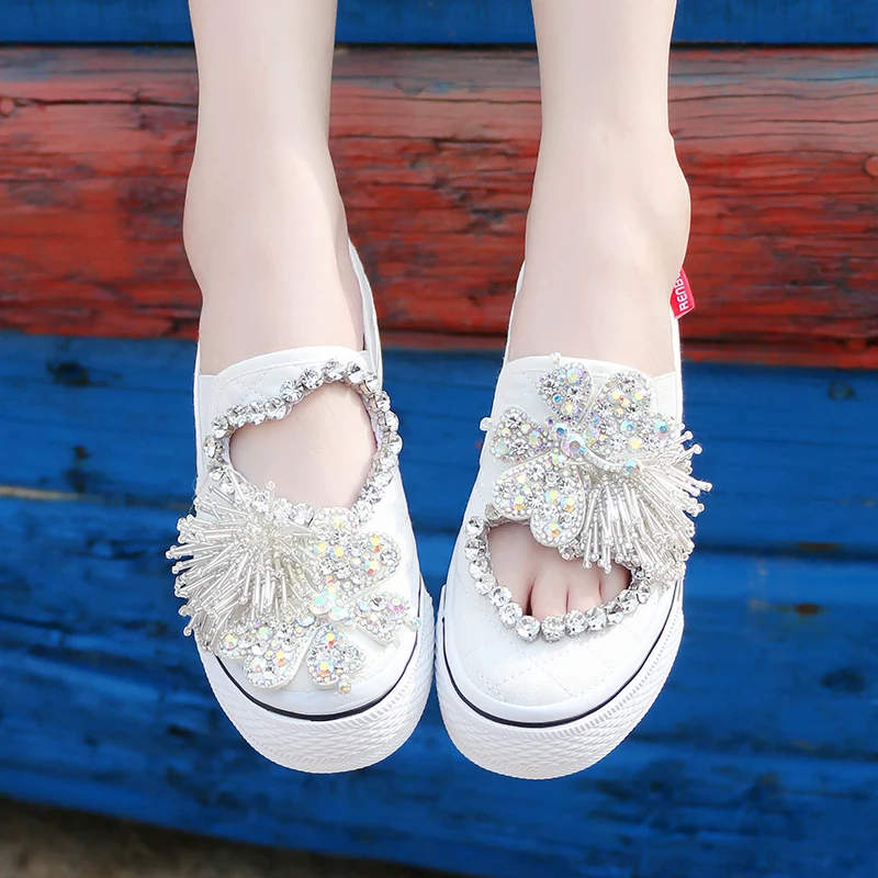 

Women Shoes 2023 Fashion Summer Casual White Cutouts Rhinestones Canvas Hollow Breathable Platform Flat Shoes Woman Sneakers