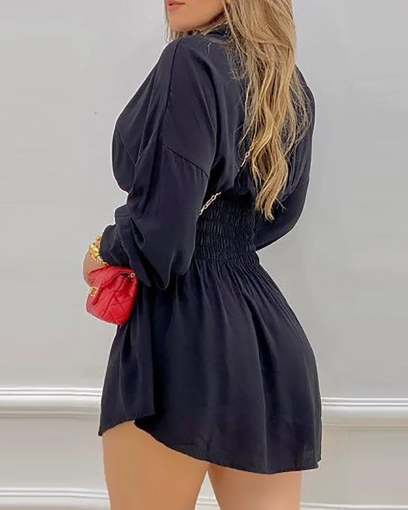 Fashion Women Casual Solid&Letter Waistband Letter Print Shirred Lantern Sleeve Buttoned Shirt Dress Women Clothing