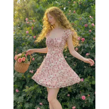 Elegante Abito Mini in Chiffon con Stampa Floreale per Donne, Vestito Estivo Romantico con Maniche a Volant, Vita Alta e Linea ad A, per Feste Casual e Appuntamenti