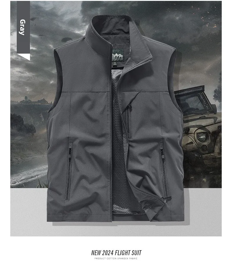 Frühlings-Sommer-Polyester-Herrenweste mit individuellem Logo und mehreren Taschen, perfekt für Outdoor-Aktivitäten und Angeln – Detail 23