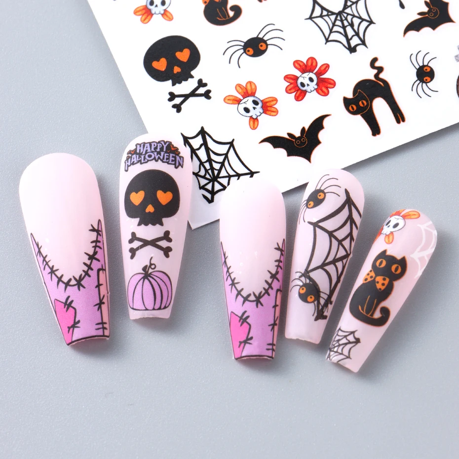 2 stücke Nette Halloween Kürbis Nail art Aufkleber Katze Geist Spinne Web Fledermaus Aufkleber Design Nagel Sliders Tattoo Dekorationen Maniküre – Detail 8
