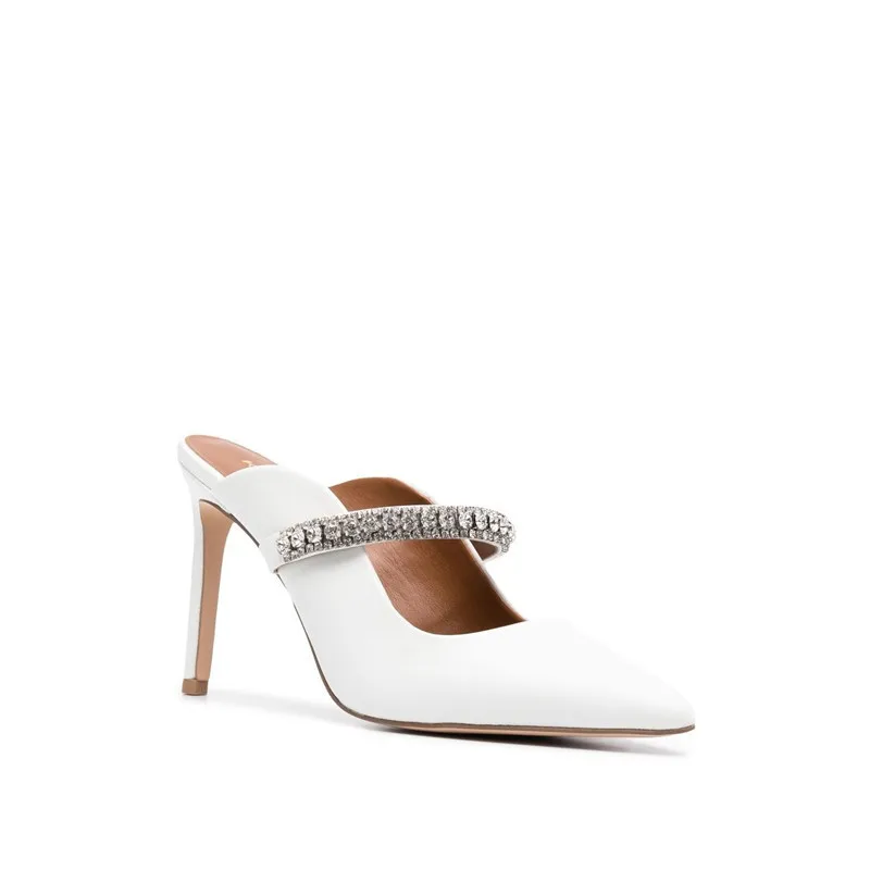 

Spring and summer new fashion pointy rhinestone leather white sandals large size stiletto dinner dress versatile women slippers