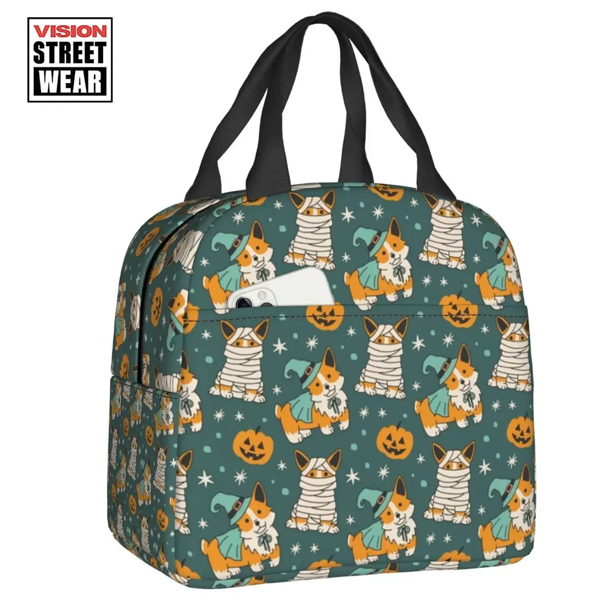 

2023 New Halloween Corgi Dog Insulated Lunch Tote Bag Kawaii Puppy Resuable Cooler Thermal Food Lunch Box Kids School Children