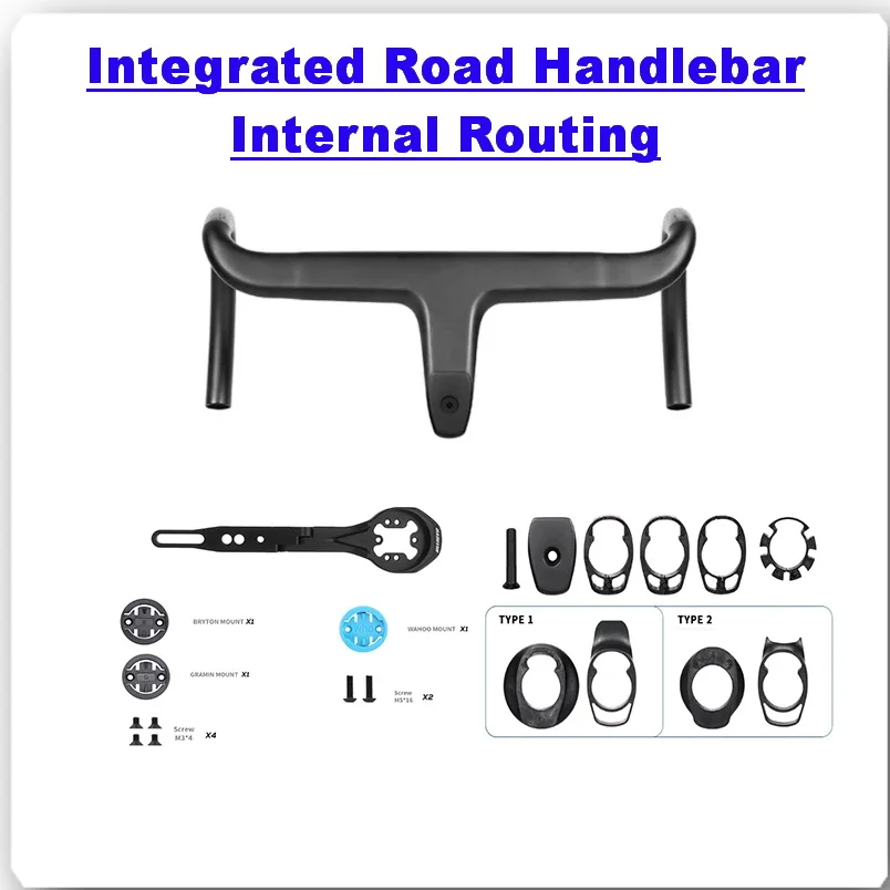 No Road Bike Full Carbon Fiber Internal Cable Integrated Bicycle Handlebar Cockpit For 360mm-380mm With Mount Spacers