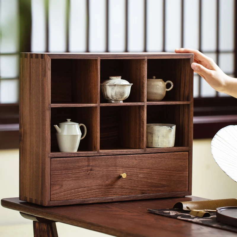 

Black Walnut Solid Wood Cup Holder Lattice Stand Table Top Storage Stand Tea Cup Display Stand Tea Set Storage Cabinet