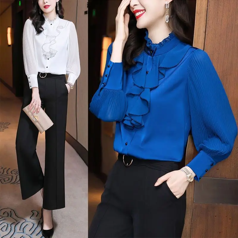 

Women Spring Korean Fashion Temperament Ruffles Solid Color Long Sleeve Shirts Women Clothes Casual All-match Appear Thin Tops