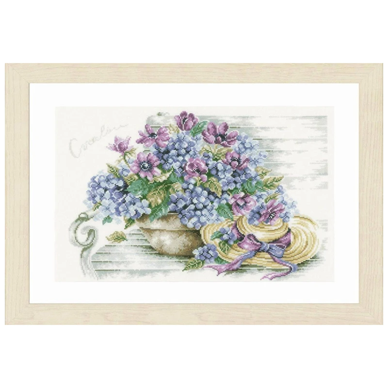 Quality Beautiful Counted Cross Stitch Kits Embroidered Home Decoration Hydrangeas on Bench,Straw Hat And Flowers Lanarte 34302