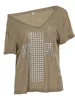Faionable Spicy Girl Sle Heavy Embellied V-Ne ort Sve T-irt Women's Loose Slimming Khaki Top for Winter