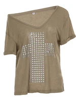 Faionable Spicy Girl Sle Heavy Embellied V-Ne ort Sve T-irt Women's Loose Slimming Khaki Top for Winter