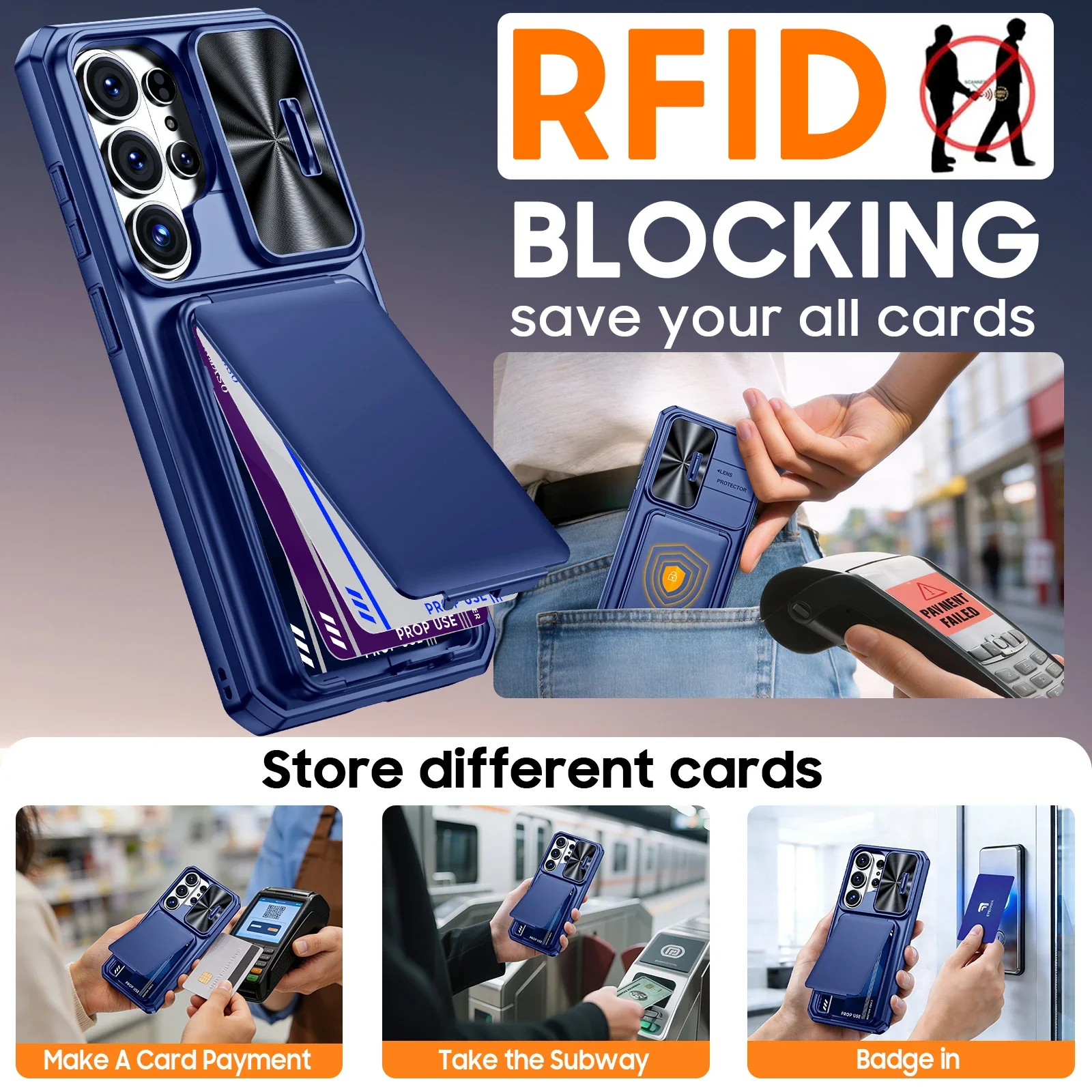 Blue Wallet Phone Case with Card Holder, Sliding Camera Cover, and Stand - Anti-Fall PC+TPU
