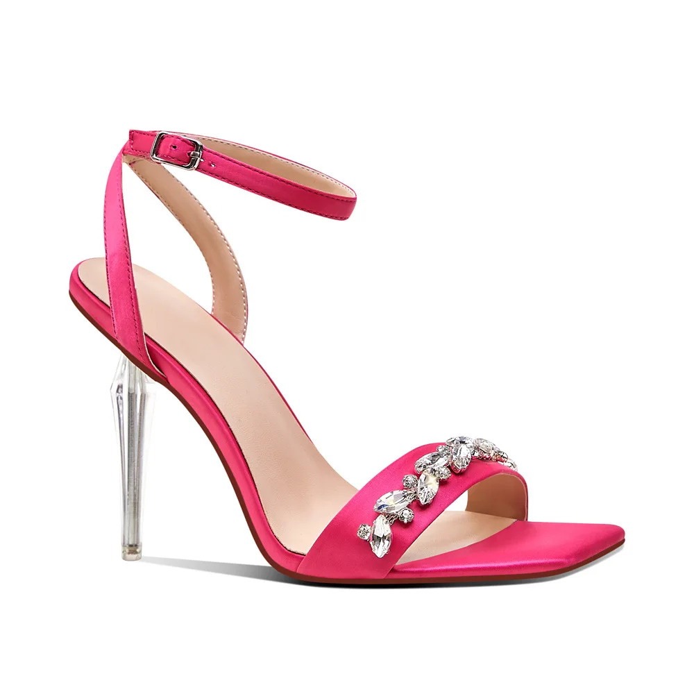 Pink Rhinestone Thin Strip Metal Square Toe Open Toe Slim Heel Sandals for Women's Summer 2024 New Straight Line High Heels