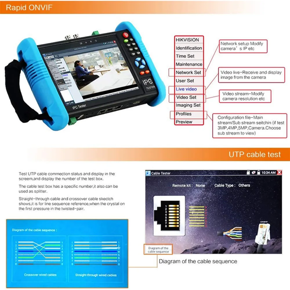 PEGATAH TI-9698PS IPC CCTV test monitor 9800plus 7inch CCTV Tester 4K IPC camera Tester with HDMI output RJ45 TDR Cable testing