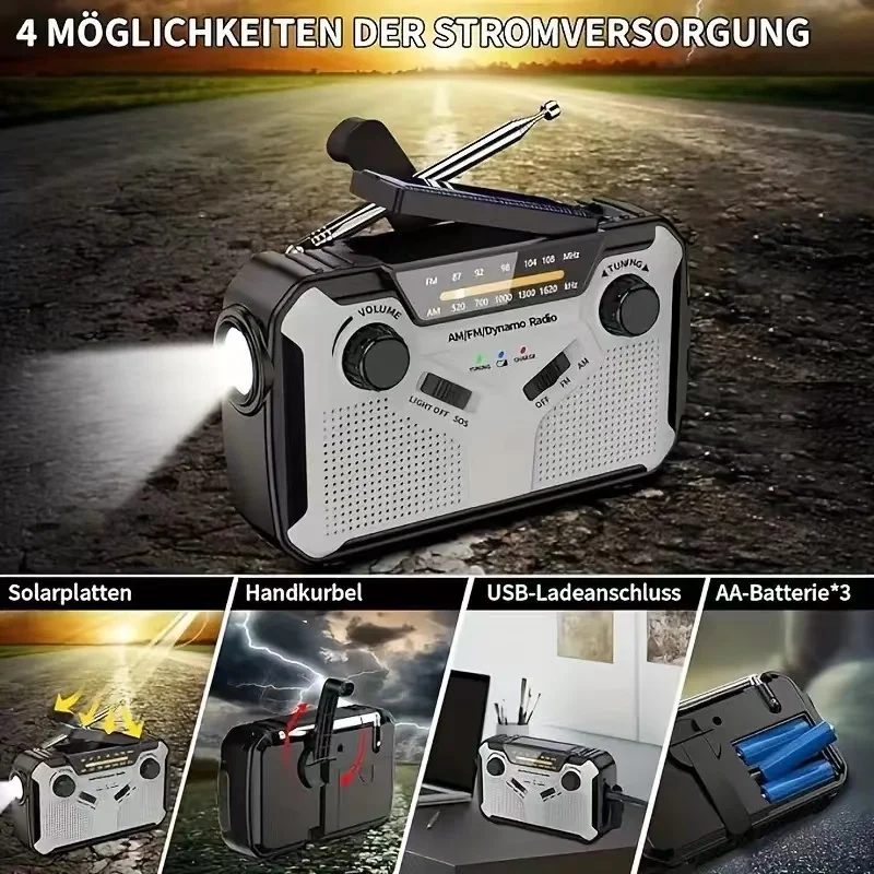 Solar Radio AM/FM Portable Crank Dynamo Emergency with 4000 mAh Rechargeable Battery LED Torch SOS Alarm for Camp