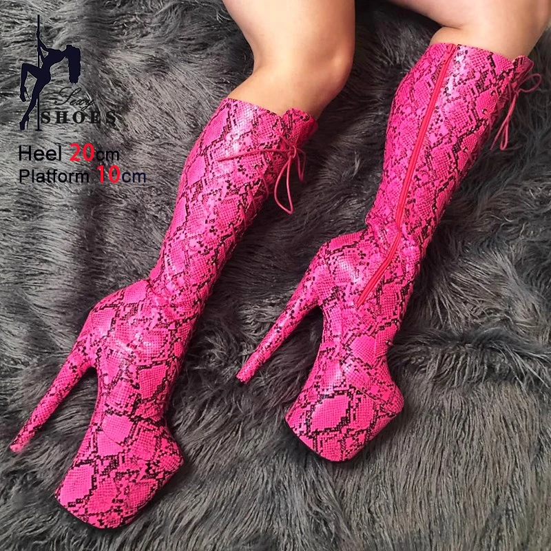 20CM Extreme high heel Snake Print PU Leather Platform Boots Woman Long Boots Sexy Pole Dance Side Zipper Fetish Knee High Shoes