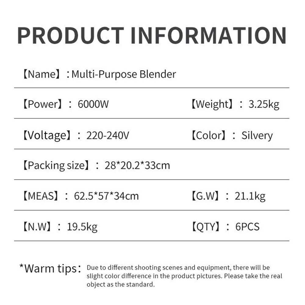 Professional Food Blender For Kitchen 2L Ice Crusher Multi-Purpose Nut Grain Mixer Coffee Bean Grinder 6000W 220V
