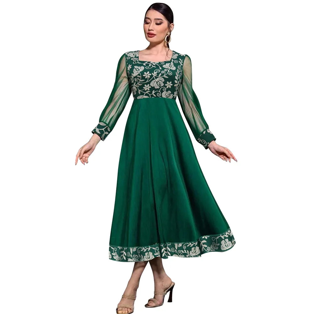 Kaftan Robe Dress Arabic Fashion Embroidered Mesh Sleeves Abaya A-line Dress Green Office Lady Dress Abaya Women Clothing