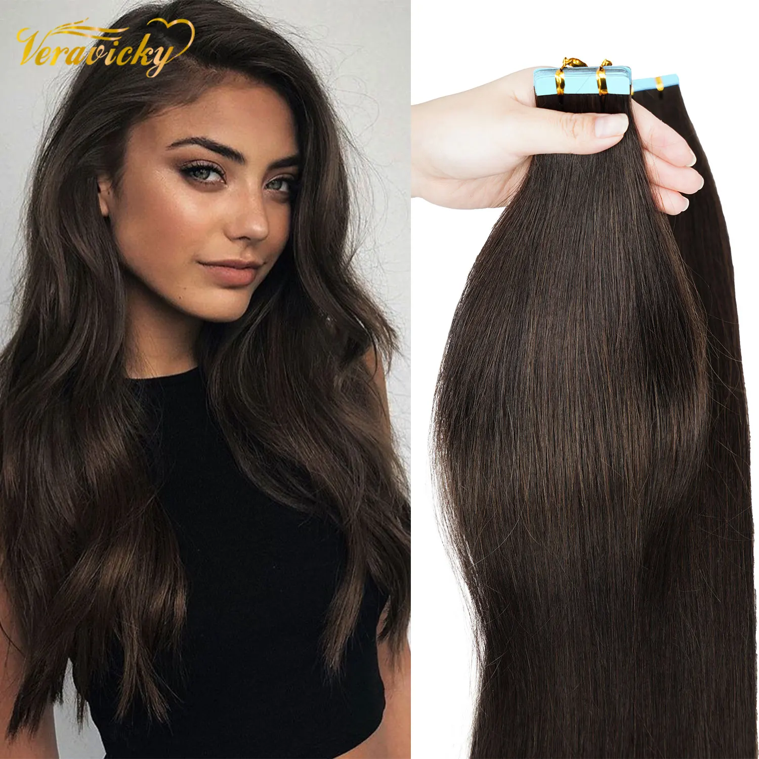 

Veravicky Hair Silky Straight Tape in Human Hair Extensions Remy Skin Weft Tape Hair Extension 16-22 inch 20pcs/set Dark Brown