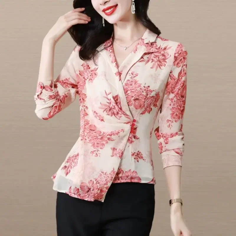 1pcs Women's Blouses tops 2024 Autumn Real Silk Prints Splicing V-Neck irregular Primer Shirt Ladies Skinny Retro Sexy Shirts real price brand new mr j4 350b in stock 1pcs