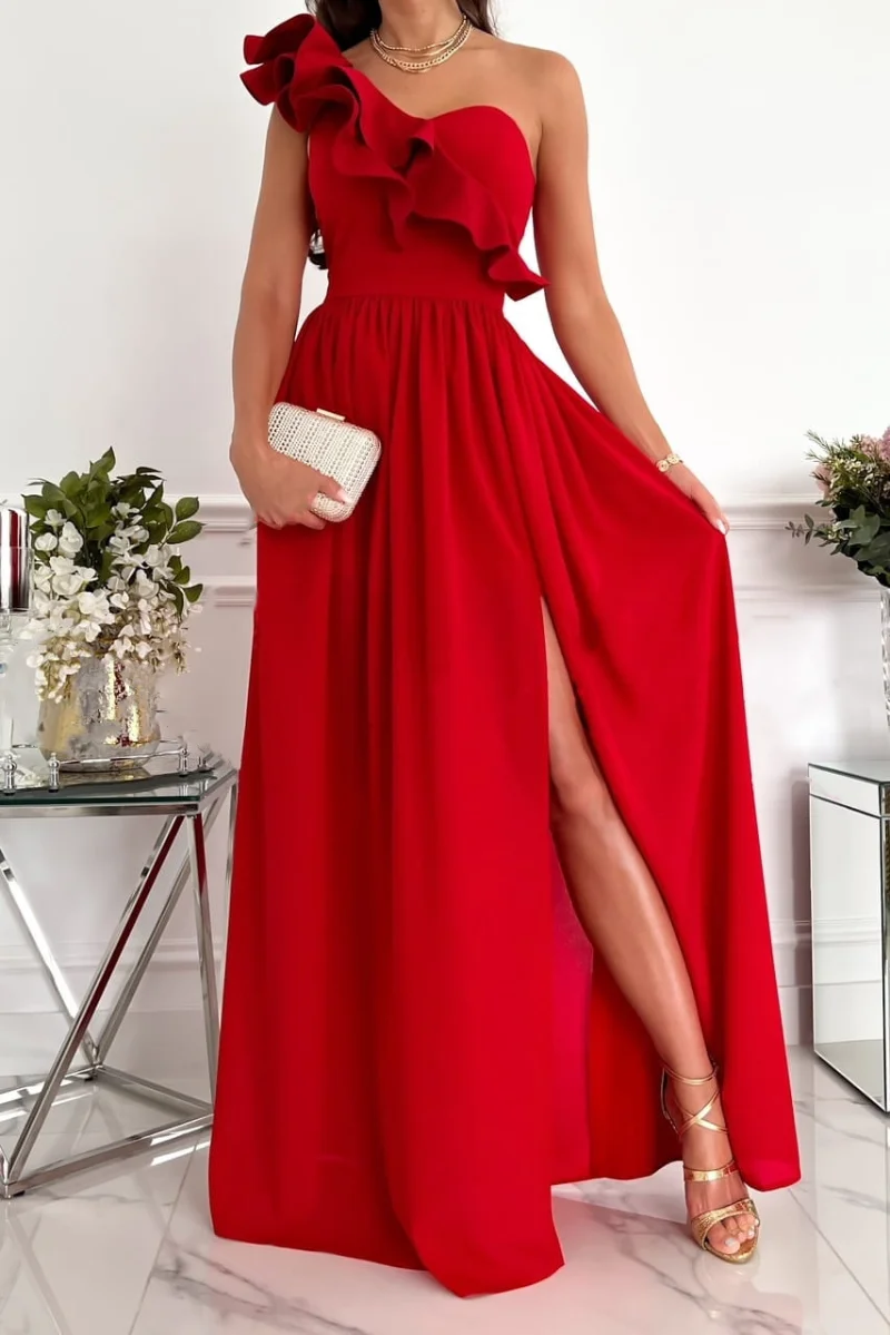 

Женское длинное платье с открытыми плечами, красное элегантное платье с оборками на подоле без рукавов, вечерние платья с разрезом, весна-лето 2023