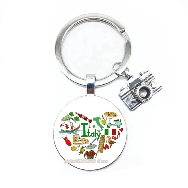 

Novelty Multi-Ethnic Style Keychain American Italy Finnish Impressionist Art Pattern Glass Round Fashion Key Ring Creative Gift