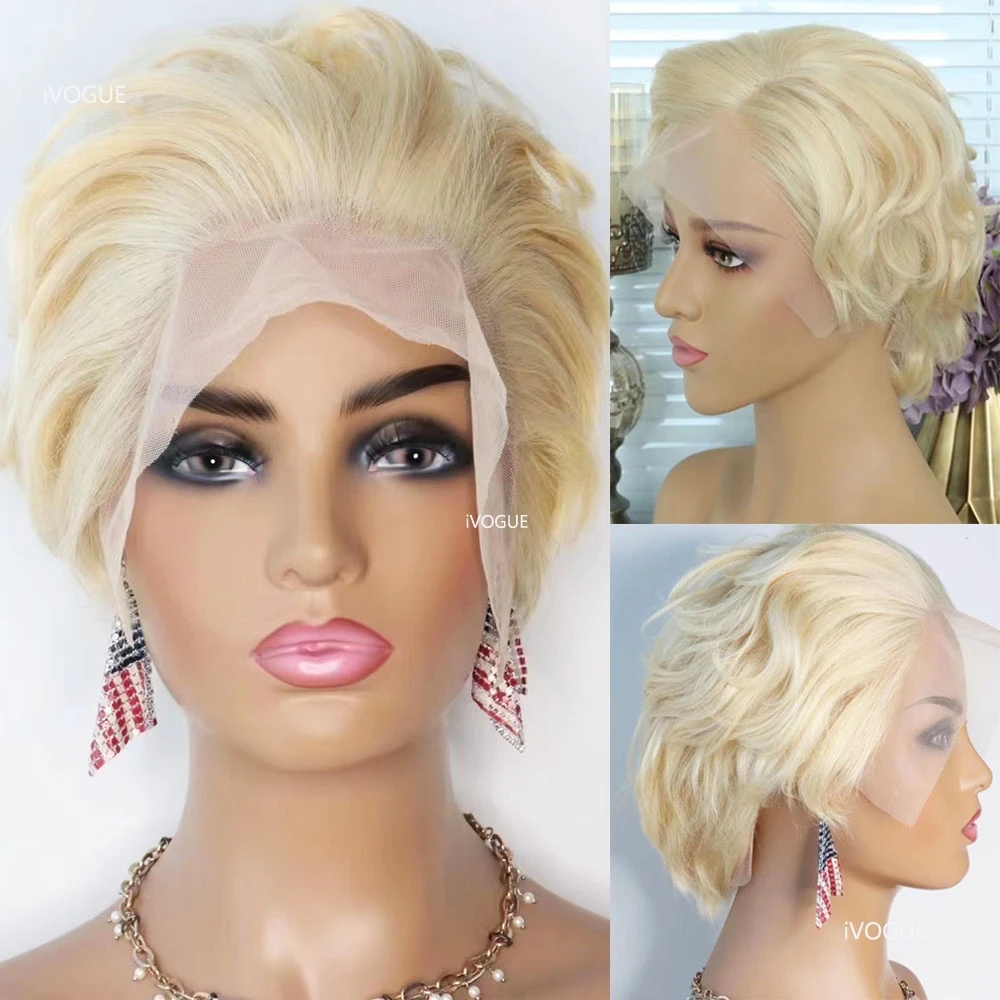 

#613 Ash Blonde Pixie Wig 100% European Human Hair Transparent Lace Front Short Bob Wob Wigs with Baby Hair Natural Hairline
