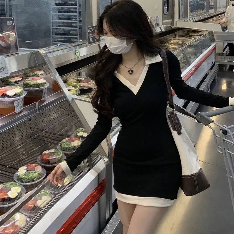 

New Spring and Autumn Women's POLO Collar Dress Slim Fit Waist Closing Long Sleeve Hip Wrapped Short Skirt