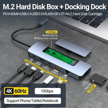 노트북용 USB-C 허브 및 M.2 SSD 인클로저 지지대, NVME 및 SATA, 4K HD,PD 100W,USB 3.0, RJ45 1000M,SD/TF 리더, Mac HP용, 8 in 1