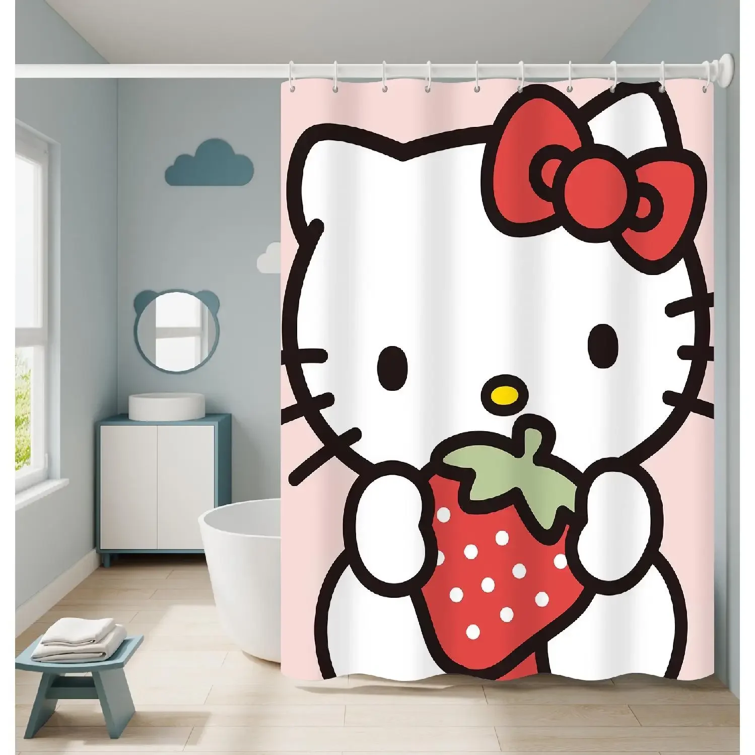 

Pink Strawberry Sanrios Hello Kitty Cartoon Tomato Waterproof Polyester Shower Curtain with Hooks Accessories Girls Gift