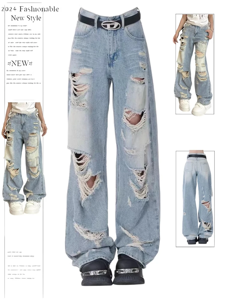 

Women's Blue Ripped Jeans Harajuku Y2k Japanese 2000s Style Baggy Denim Trousers Oversize Jean Pants Vintage Trashy Clothes 2024