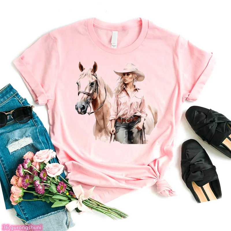 

Tee Shirt Femme Fashion Girl Ride A Horse Theme Print Women'S T-Shirt Summer Harajuku Shirt White Short Sleeve Top Wholesale