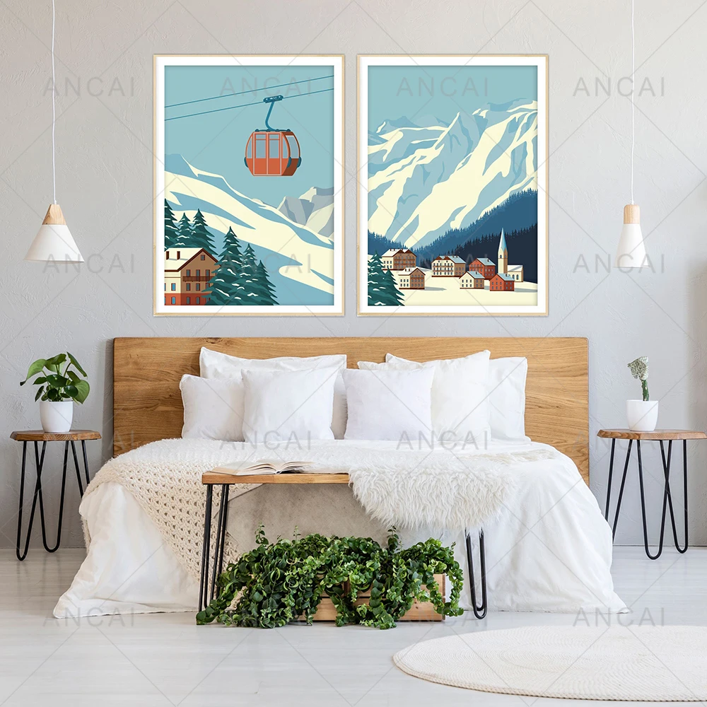 

Sunny Winter Mountain Художественная печать на лыжах плакат "лыжи" заснеженный Альпинизм пейзаж на холсте картины в скандинавском стиле