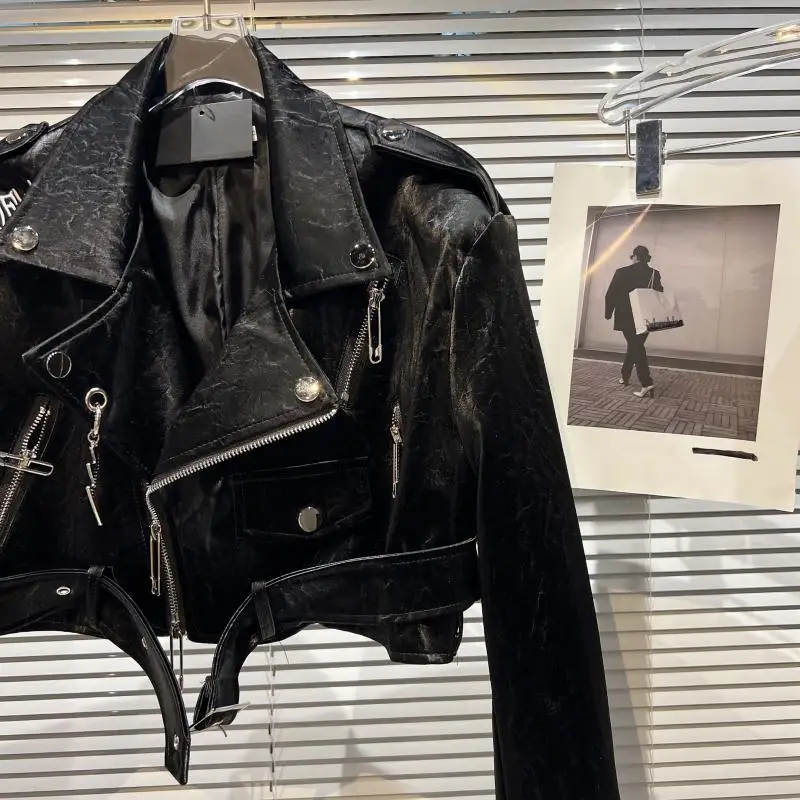 2023 Autumn New Women Punk Motorcycle Leather Jacket Letter