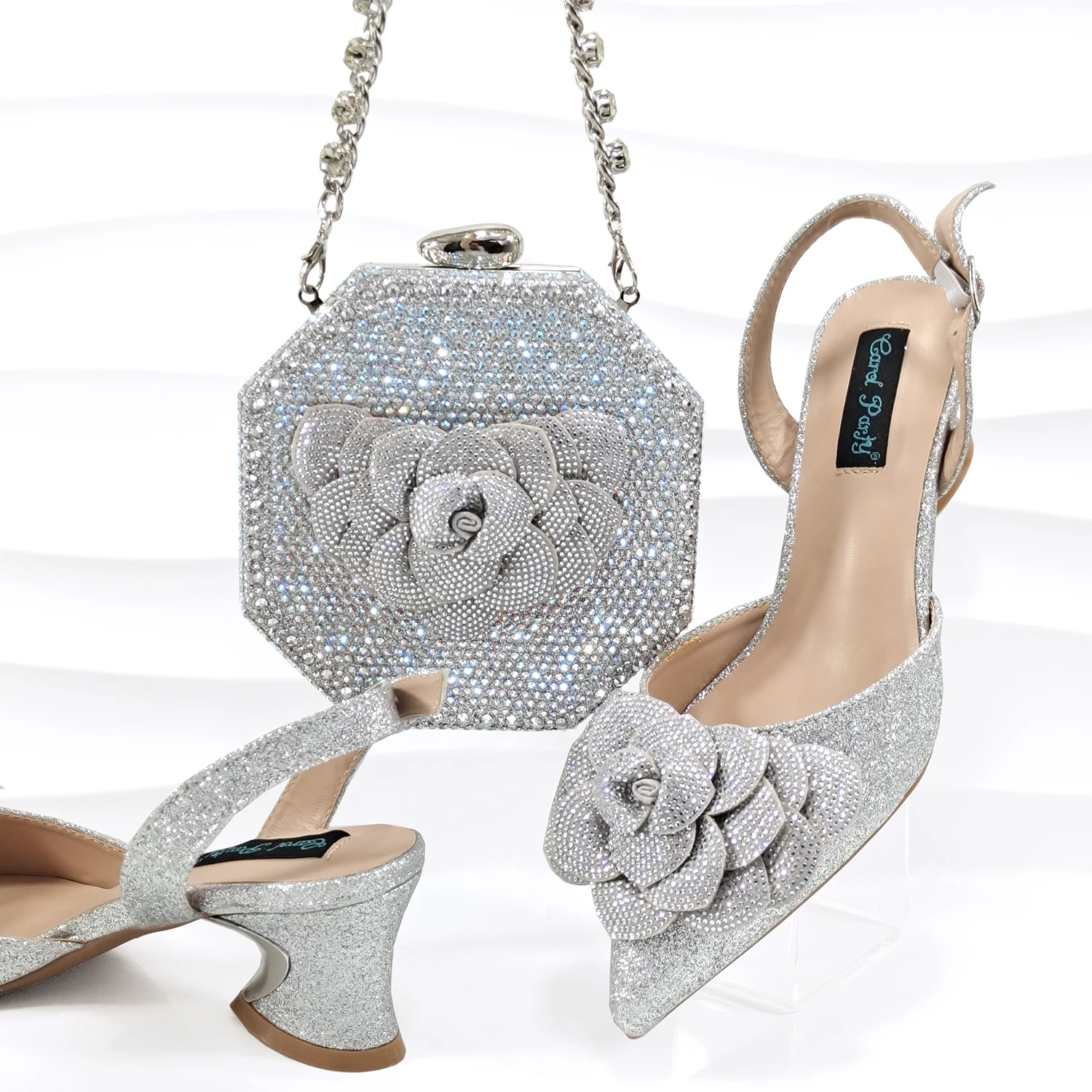 Italian Shoes Silver Shoes And Purse Wholesale Rhinestone Ladies
