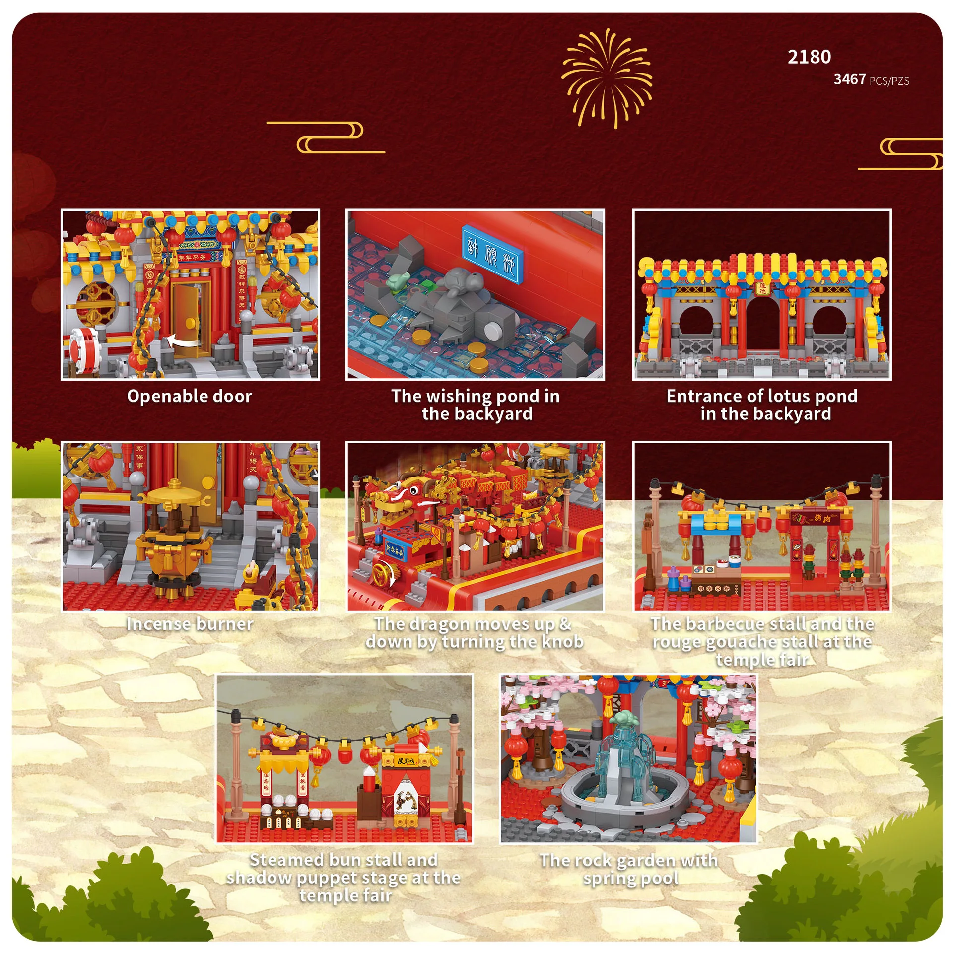 China Spring Festival Temple Fair Mini Block Chinatown City Street View Architecture Building Brick Figures Toys For Gifts