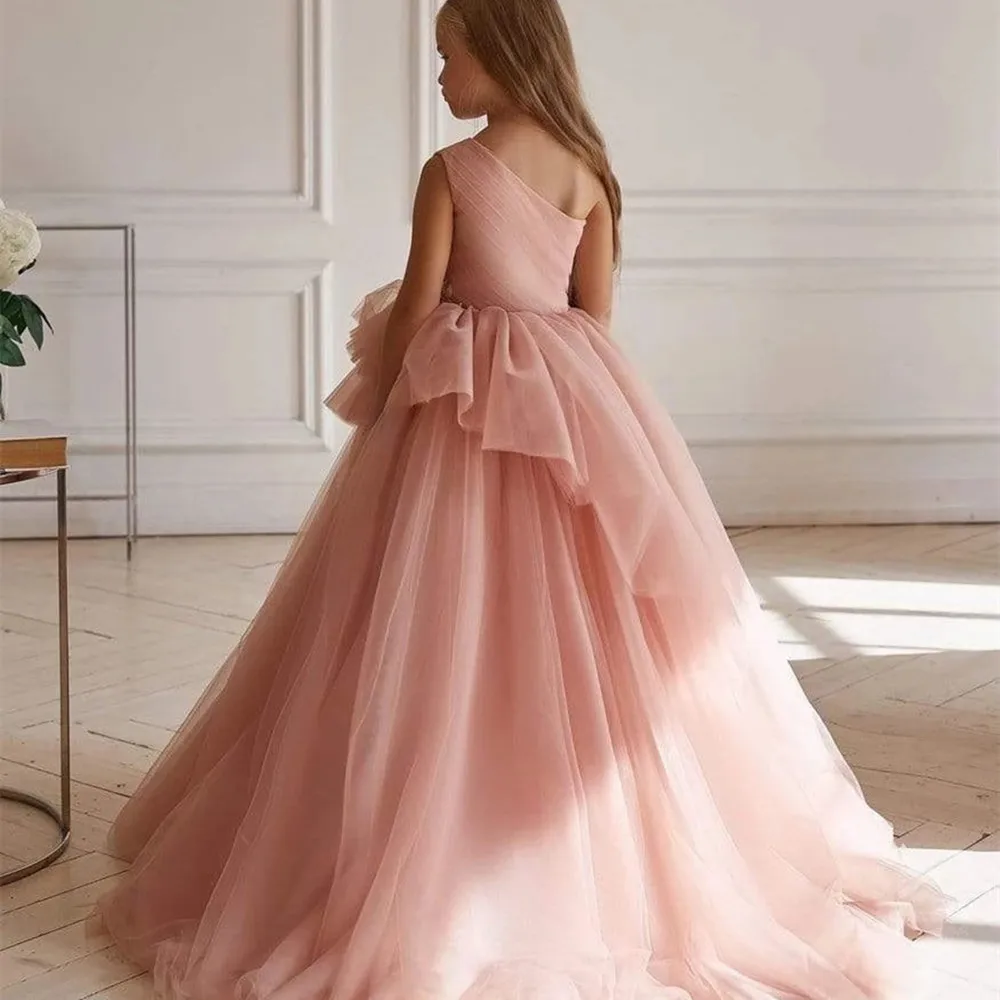 

Tulle One Shoulder Layered Delicate Princess Flower Girl Dress Wedding Party Ball First Communion Dresses Dream Kids Gift