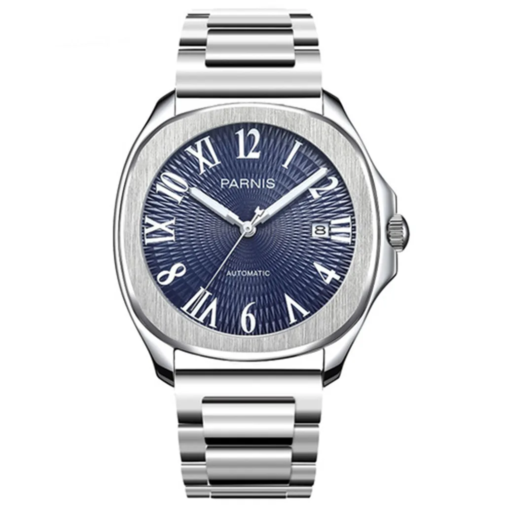 

New Fashion Parnis 40mm Silver Case Automatic Mechanical Men Watch Calendar Leather Strap Sports Man Watches relogio masculino