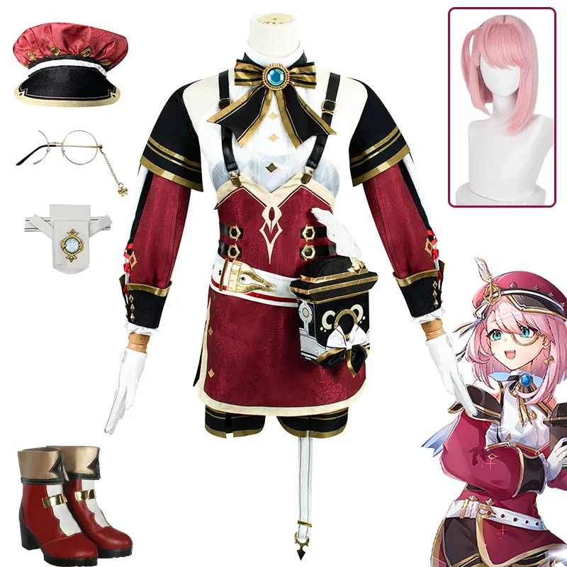 

Game Genshin Impact Charlotte Cosplay Costume Wig Shoes Full Set Uniform With Hat Halloween Carnival Party Outfit