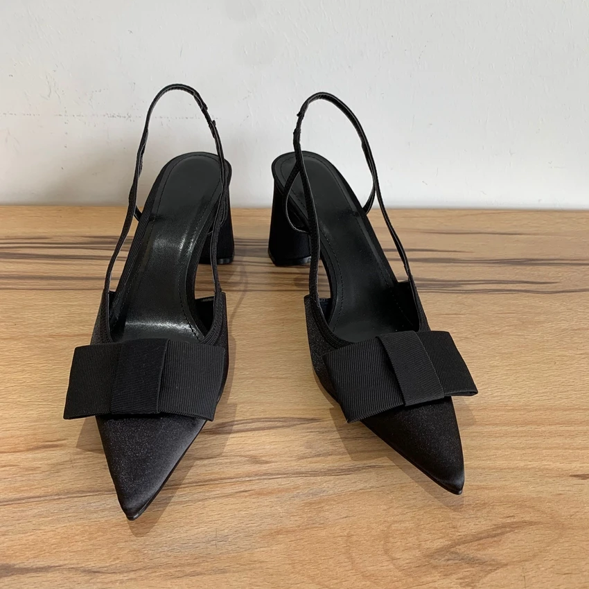 Black Pointed Toe High Heel Women Fashion Bow Elegant Party Dress Shoes Shallow Designer Square Heels Slingback Sandals Female