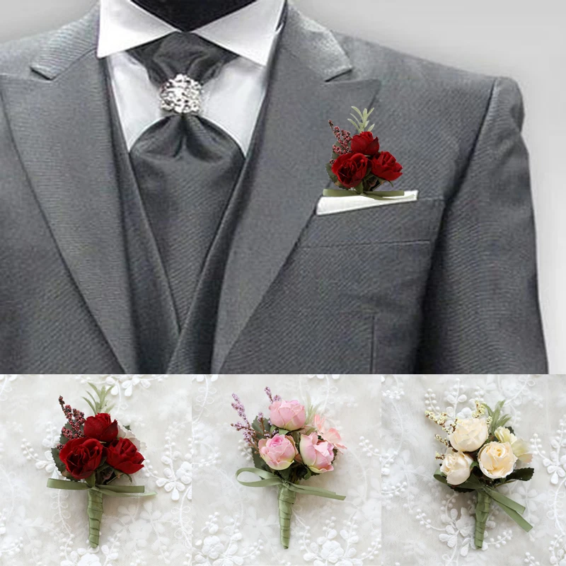 Set Da Sposa: Corsage Da Polso Con Fiore Rosso E Boutonniere All'Occhiello - Fiori Artificiali Per Matrimonio, Ballo, Damigella E Sposo