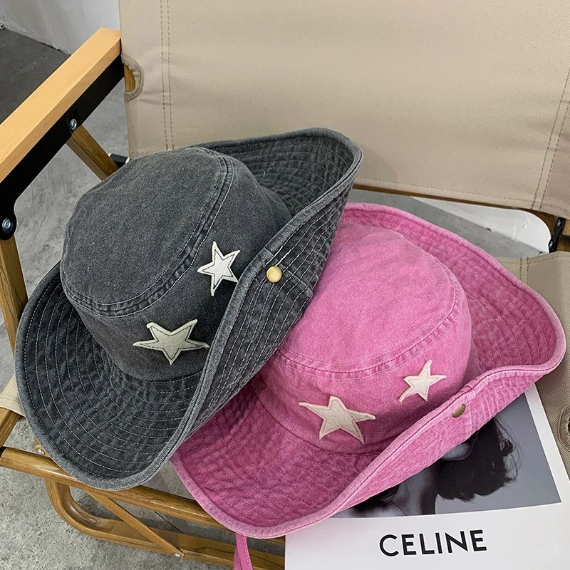 Y2K Punk Bucket Hats Women Pink Stars Retro Big Brim Sun Protection Mountaineering Cap Spring and Summer Outdoor Men's Hat