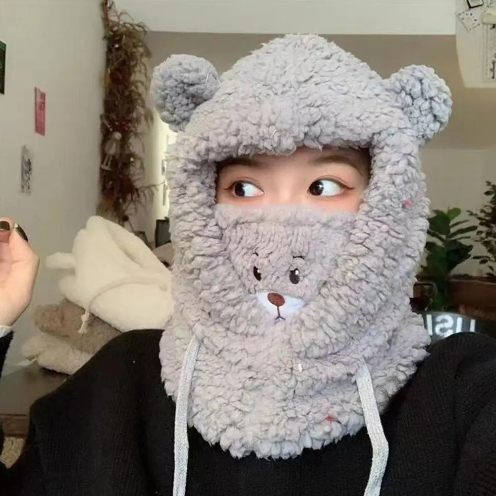 Winter Balaclava Hat With Mask One-piece Cute Bear Lamb Beanie Hats Warm Thicken Ear Protection Skullies Beanies For Women Girl