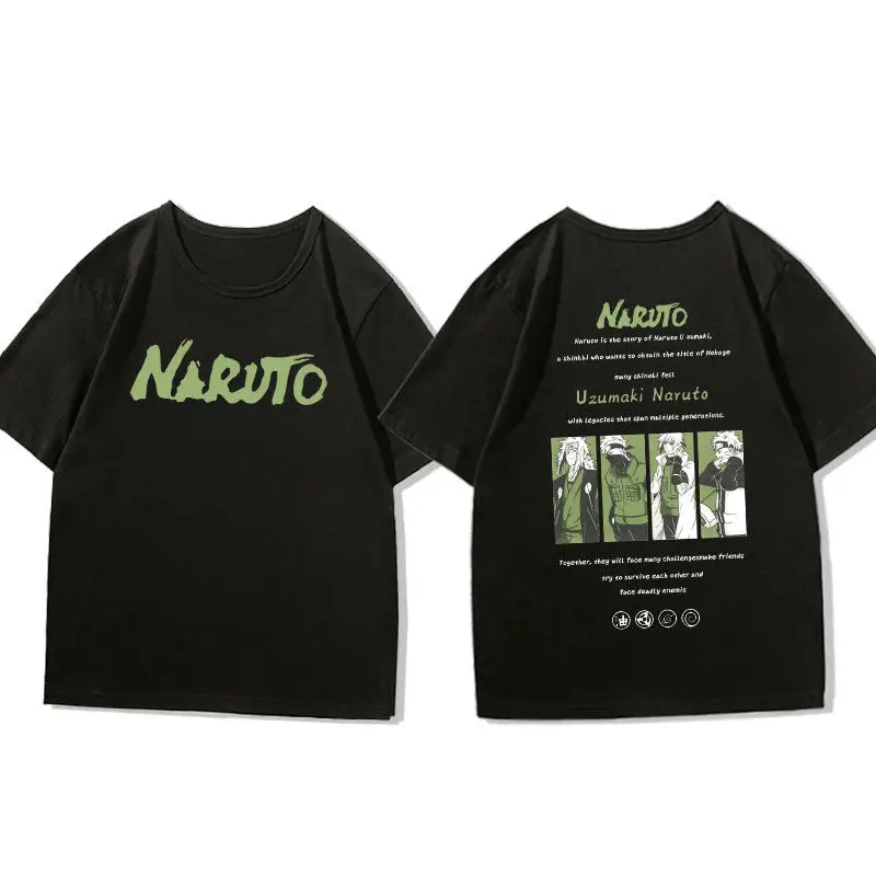Naruto Anime Black Children's Cotton T-shirt - Double-Sided Print, Round Neck, Parent-Child Outfit